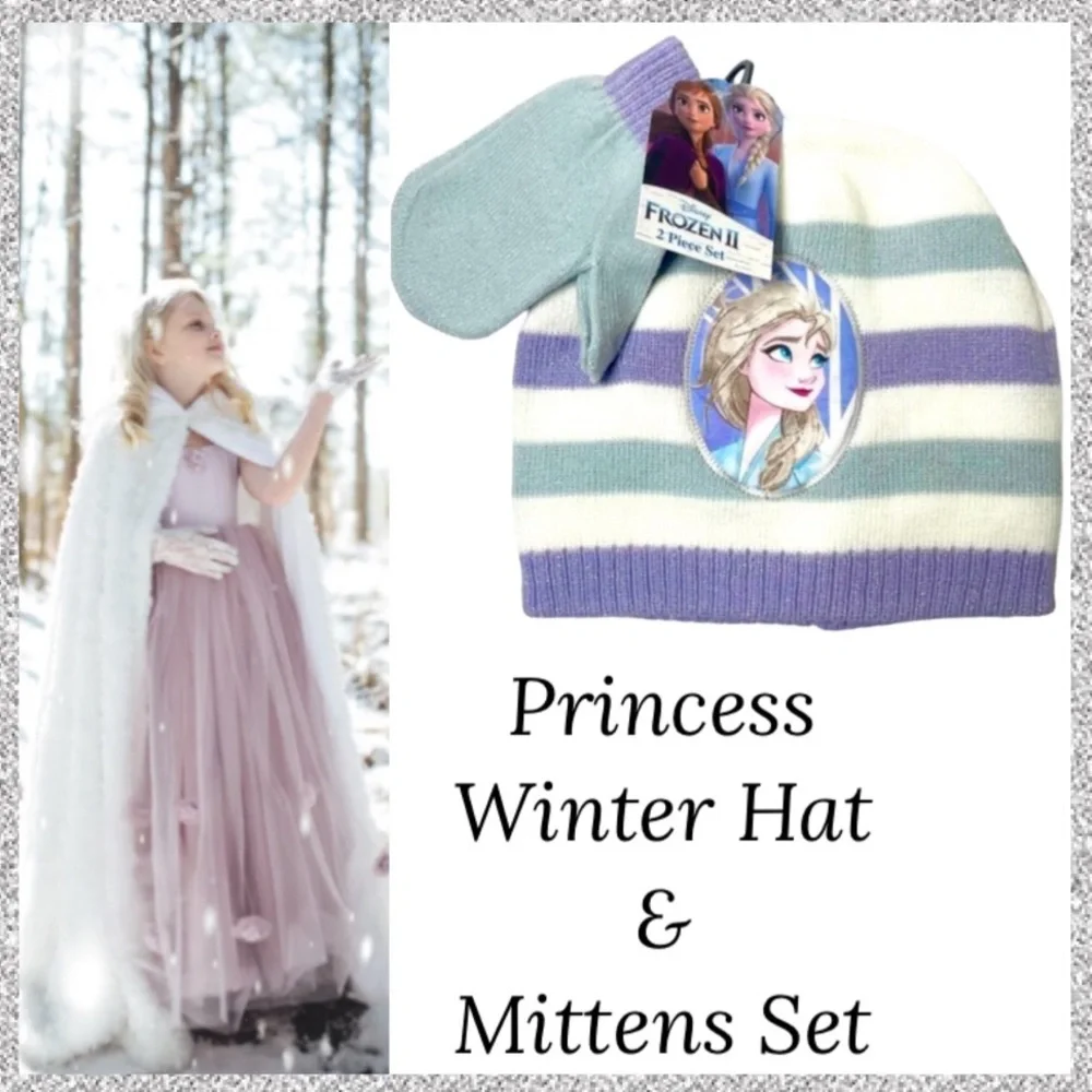 Disney Winter Hat Set Warm Princess Gloves Mittens Frozen Elsa Shimmer Striped